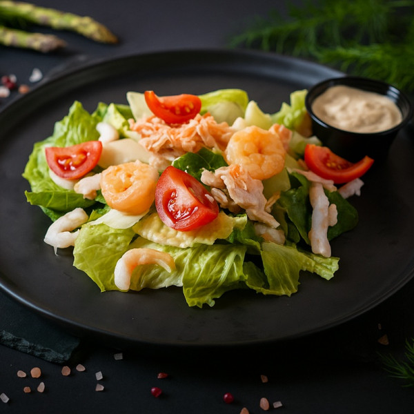 Salāti "Cēzara" ar lasi un garnelēm, 230g